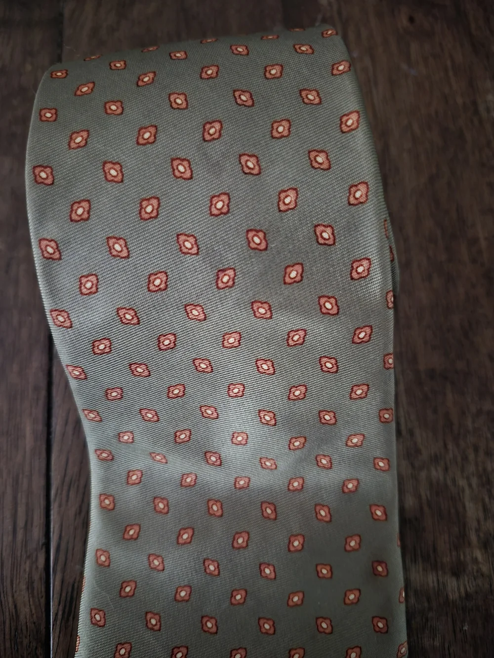 Geoffrey Beene Olive Green Tie with Rust Medallion Motif
